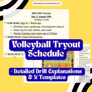 Op de afbeelding: Een schema voor de volleybal try-outs van DHS 2025, met een blauwe banner met de tekst "Volleyball Tryout Schedule". Het schema bevat tijden voor inschrijving, warming-ups en coachintroducties. De afbeelding bevat ook een websiteadres en oefenverklaringen.