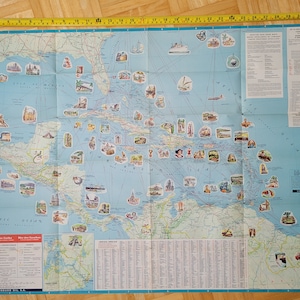 1956 map of the Caribbean with maps of individual islands, Vintage pictorial illustrated map