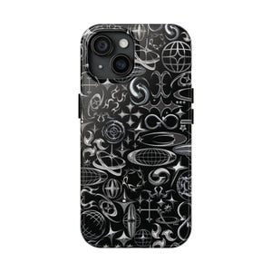 Liquid Chrome Icons Black Phone Case, Cyber Silver Stars, hearts Neo Tribal, Digital Y2K Futuristic Trendy Iconic 2000s style IPhone Samsung
