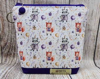 New Years Fox & Raccoon Project Bag, Knitting Crochet Storage