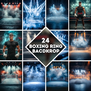 May include: 24 boxing ring backdrops with different lighting and smoke effects. The backdrops are perfect for creating a realistic boxing ring atmosphere for photos and videos.