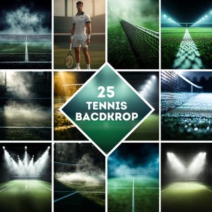 May include: A collection of 25 different tennis court backdrops. The backdrops feature various lighting and atmospheric effects, including fog, spotlights, and night scenes. The backdrops are ideal for use in photo editing and graphic design.
