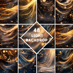 May include: A collection of 48 light backdrops with a dark blue and gold color scheme. The backdrops feature flowing, abstract designs with sparkling particles and light streaks. The text "48 LIGHT BACKDROP" is displayed in a white diamond shape.