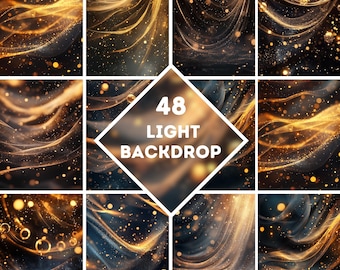May include: A collection of 48 light backdrops with a dark blue and gold color scheme. The backdrops feature flowing, abstract designs with sparkling particles and light streaks. The text "48 LIGHT BACKDROP" is displayed in a white diamond shape.