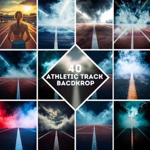 May include: 40 athletic track backdrops with various lighting and smoke effects. The backdrops feature a red running track with white lines and a blue sky with clouds.