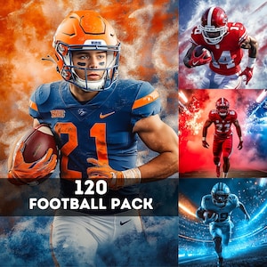 Op de afbeelding: Een collage van vier afbeeldingen met voetballers in actie. De afbeeldingen zijn geplaatst tegen verschillende achtergronden, waaronder een blauw-oranje, een rood-witte, een rood-blauwe en een blauw-witte achtergrond. De tekst "120 FOOTBALL PACK" wordt in het midden van de collage weergegeven.