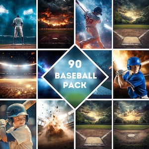 May include: A collage of nine images featuring baseball players and baseball fields. The images are arranged in a 3x3 grid. The center image features the text "90 BASEBALL PACK".