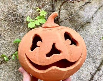 TERRACOTTA PUMPKIN #41. Clay jack o' lantern. Each one wheel-thrown, hand-carved and unique.