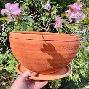 LARGE TERRACOTTA PLANTER #32. Handmade red clay flower pot and saucer. Studio pottery.