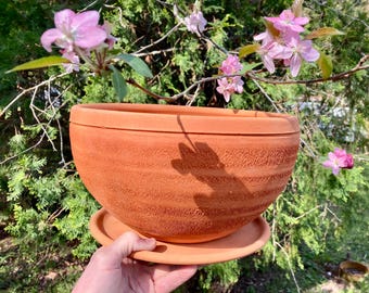 LARGE TERRACOTTA PLANTER #32. Handmade red clay flower pot and saucer. Studio pottery.