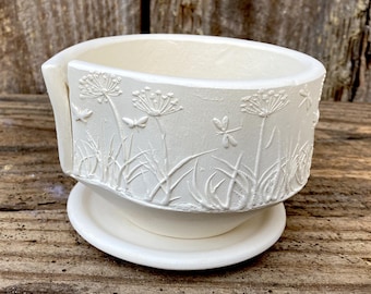SMALL CLAY PLANTER #61. Handmade white ceramic pot and saucer. One of a kind.