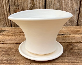 EARTHENWARE FLOWER POT #42. White ceramic planter with saucer. Porous clay for healthy plants.