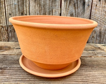 CLAY FLOWER POT #35. Large, wheel-thrown terracotta planter and saucer. One of a kind.