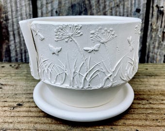 HANDMADE EARTHENWARE PLANTER #68. Small white clay flower pot and saucer. Artisan planter.