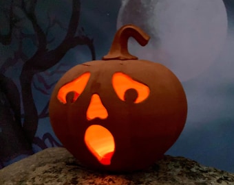 TERRACOTTA JACK O LANTERN #48. Ceramic Halloween pumpkin. Handmade. Studio pottery. One of a kind.