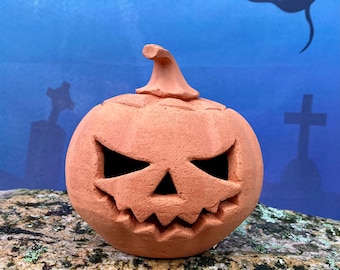 TERRACOTTA JACK O LANTERN #49. Ceramic Halloween pumpkin. Handmade studio pottery. One of a kind.