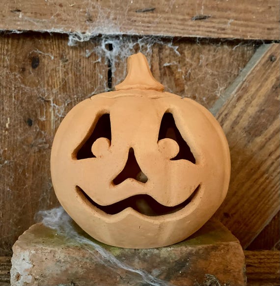 TERRA COTTA PUMPKIN #20: Ceramic jack o'lantern. Wheel-thrown, hand-carved and unique.