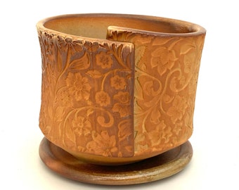 WOOD FIRED PLANTER #49 stoneware flower pot glazed by the wood ash in the flames floral