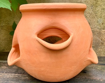 CLAY STRAWBERRY POT #8. Handmade pocket planter. Breathable terracotta clay.