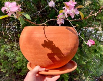 RED CLAY PLANTER #34. A unique handcrafted flower pot. Wheel thrown studio pottery.