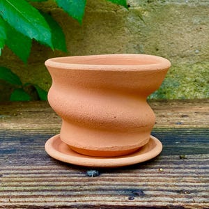 CLAY FLOWER POT #66 small pottery planter with saucer - ceramic pots for plants - porous terracotta clay - wheel thrown - one of a kind