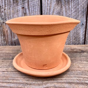 May include: A terracotta-colored flower pot with a matching saucer. The pot has a flared shape with a wide rim and a slightly curved top. The saucer is round and fits snugly beneath the pot. The pot and saucer are made of unglazed clay.