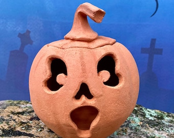 CERAMIC PUMPKIN #51. Terracotta clay jack o’ lantern. The Scream.