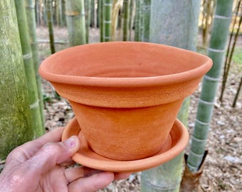 TERRACOTTA CLAY PLANTER #22. Porous flower pot with saucer for healthy plants. Handmade. Unique.