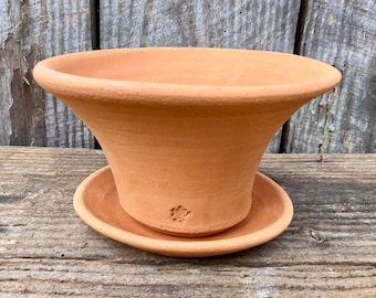 TERRACOTTA CLAY PLANTER #14: Small, freeform flower pot with saucer. Wheel-thrown.