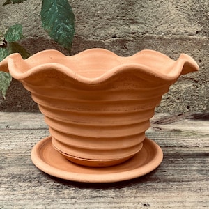 TERRACOTTA PLANTER #122 wheel thrown ceramic flower pot with saucer - unglazed porous clay - terra cotta pottery - one of a kind - handmade