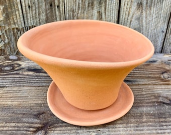 TERRACOTTA CLAY PLANTER #29: Large, art pottery flower pot with saucer.