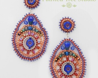 Blue and Orange Earrings / Boho Foral Handwoven / Handmade Czech Earrings / Statement Jewelry / Birthday Gift for Her
