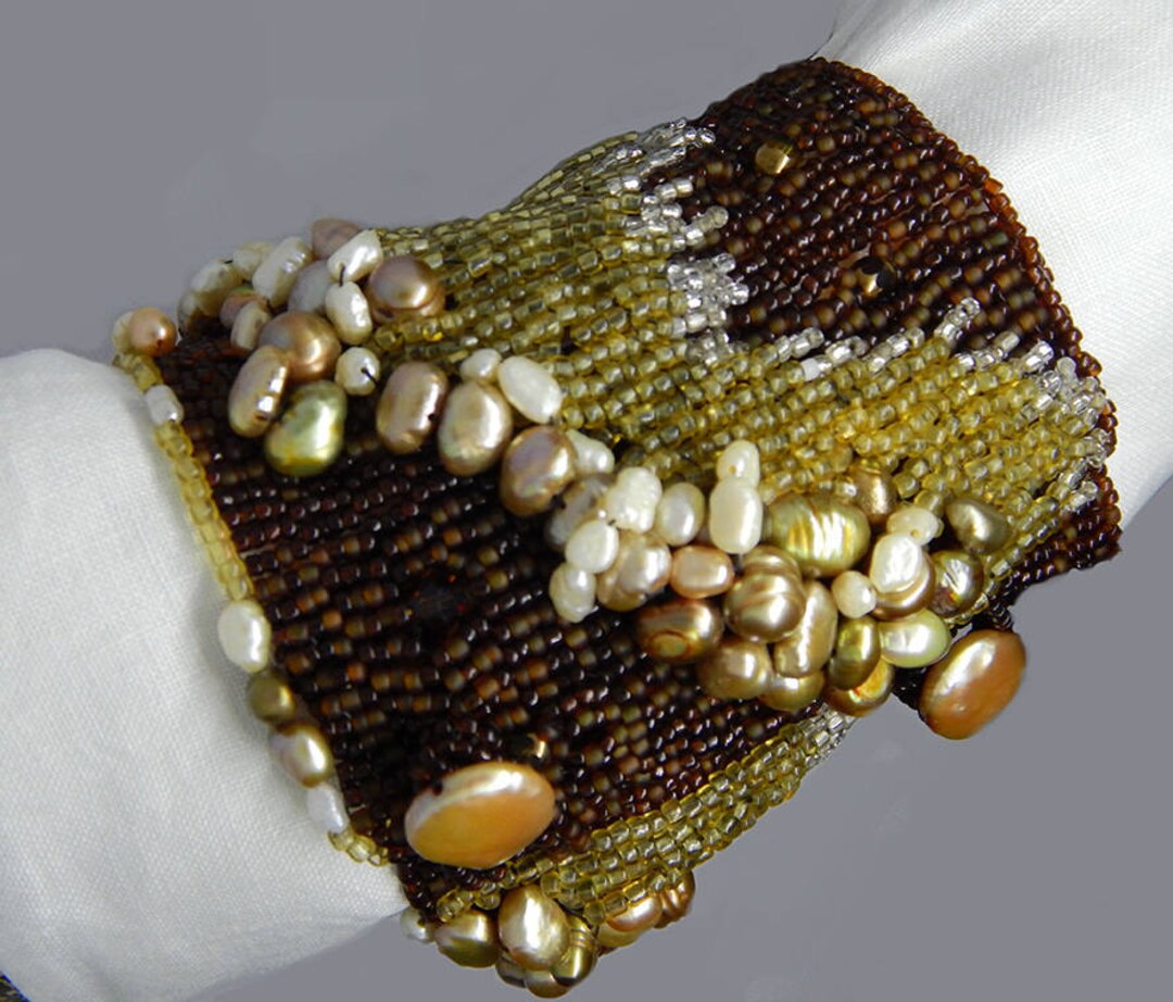 Pearl and Vintage Seed Bead Cuff/ Beaded in Two Etsy