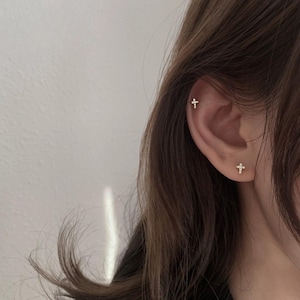 Tiny Cross Studs or Necklace in 925 Silver, White or Yellow Gold Plating, CZ Pave Sparkle