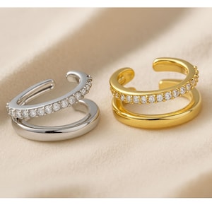 CZ Double Hoop Ear Cuff – Left Ear Only | 925 Sterling Silver or 18K Gold | Sparkle No Piercing Cuff | Single Cartilage Wrap Earring