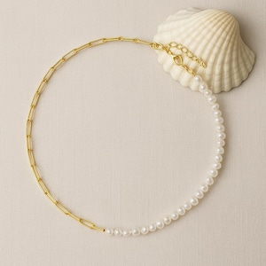 Freshwater Baroque Pearl & Paperclip Chain Necklace | 925 Sterling Silver  or 18K Gold Plated | Half and Half Design | Minimalist Necklace