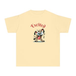 Excited Dog Youth Tee, Fun Summer Shirt for Kids, Playful Pet Lover Tee, Gift for Animal Enthusiasts, Cartoon Dog Apparel