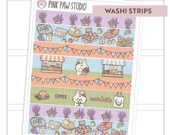 Summer market washi strips sticker sheet, Hobonichi, Kinbor, Happy planner, Bullet journal.