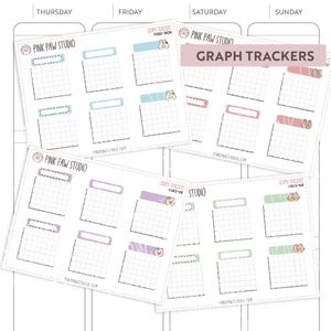 Peut inclure: Ensemble de suivis de graphiques imprimables avec un schéma de couleurs rose, bleu, violet et vert. Chaque suivi comporte une grille avec une illustration mignonne d'un animal. Le texte "GRAPH TRACKERS" est en haut de la page.