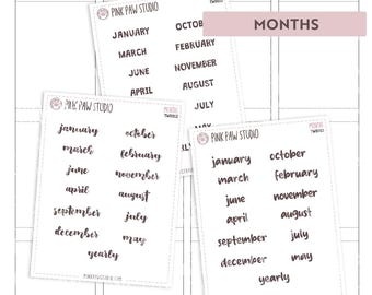 Text Wörter: MONATE Sticker Blatt, Hobonichi, Kinbor, Happy Planner, Bullet Journal.