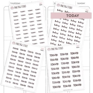 Puede incluir: Cuatro hojas de pegatinas para planificador con el texto "TODAY" repetido. Las pegatinas son blancas con texto negro y están etiquetadas como "Pink Paw Studio". Una hoja tiene una pancarta rosa que dice "TODAY".