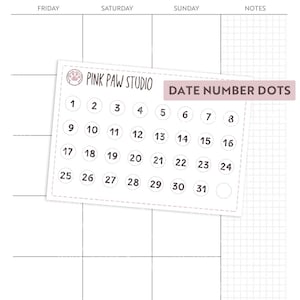 Date Number Dots (white) planner sticker sheet, Hobonichi cousin or weeks, Kinbor, Happy planner, Bullet journal.