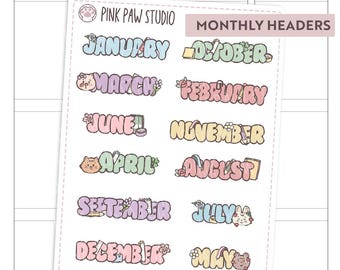 Monthly Headers MIX pastel, Hobonichi, Kinbor, Erin Condren, Bullet journal.