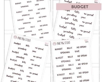 Text Wörter: BUDGET Deko Planer Aufkleber Blatt, Hobonichi, Kinbor, Happy Planner, Bullet journal.