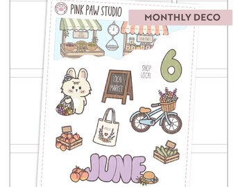 Summer market Monthly Deco stickers A6, Hobonichi, Kinbor, Happy planner, Bullet journal.