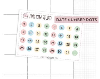 Date Number Dots - Sakura Collection planner sticker sheet, Hobonichi cousin or weeks, Kinbor, Happy planner, Bullet journal.