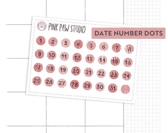 Date Number Dots - Bo planner sticker sheet, Hobonichi cousin or weeks, Kinbor, Happy planner, Bullet journal.