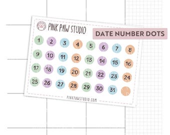 Date Number Dots - winter Collection planner sticker sheet, Hobonichi cousin or weeks, Kinbor, Happy planner, Bullet journal.