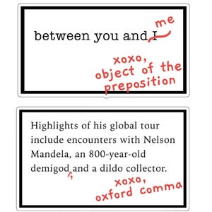 May include: Two white stickers with black borders. The top sticker reads "between you and I" with "me" crossed out and "object of the preposition" in red. The bottom sticker says "Highlights of his global tour include encounters with Nelson Mandela, an 800-year-old demigod, and a dildo collector."