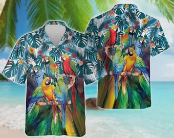 Tropical Parrot Hawaiian Shirt For Men Women, Tropical Summer Beach Shirts, Parrot Aloha Shirts, Parrot Lovers Button Down Short Sleeve